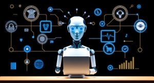 Futuristic white humanoid robot connected to a network of glowing blue icons representing AI, data, and connectivity.